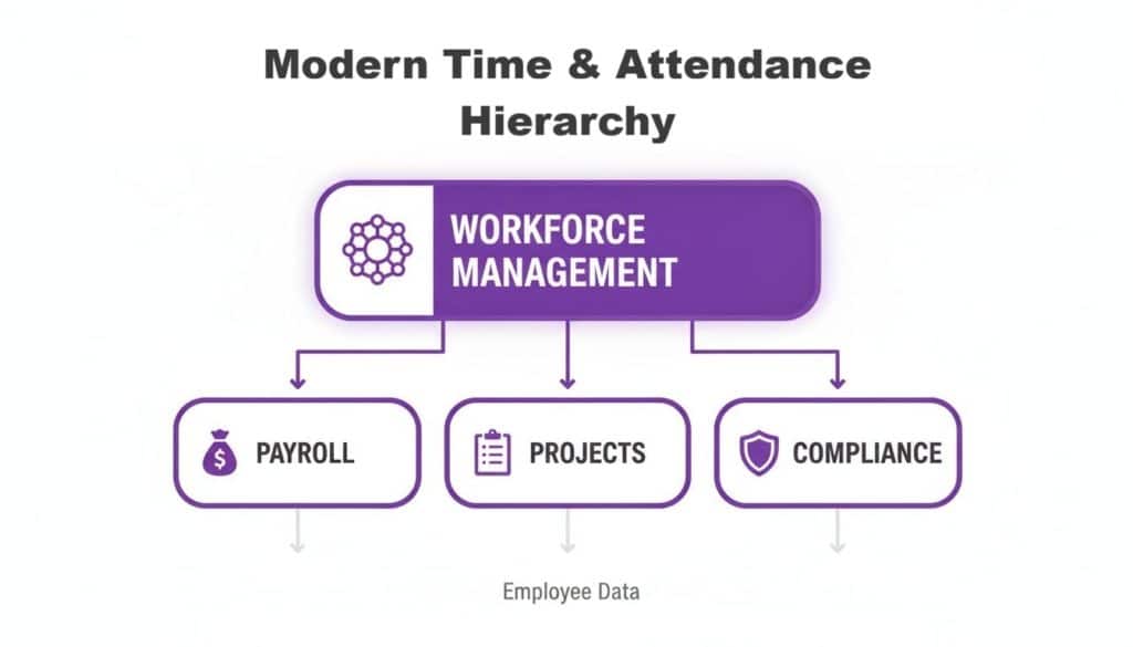 Modern Time and Attendance hierarchy diagram showing Workforce Management controlling Payroll, Projects, and Compliance.