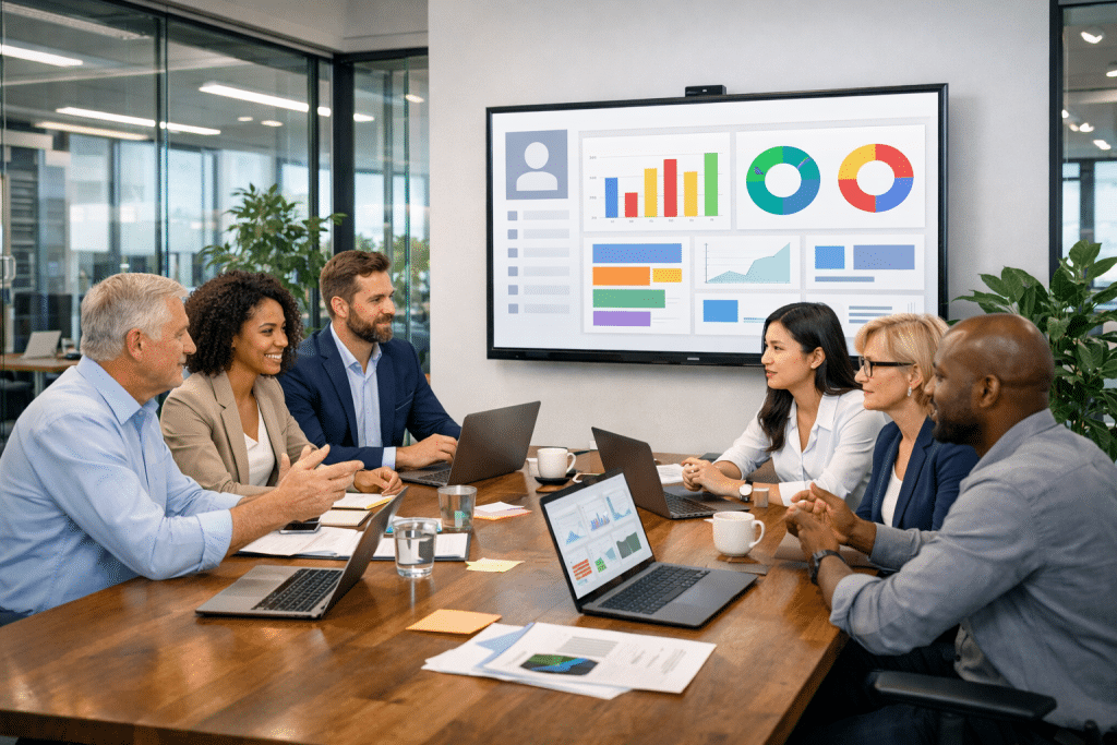 Some office workers host a meeting in a conference room, they are discussing a Hubdrive dashboard