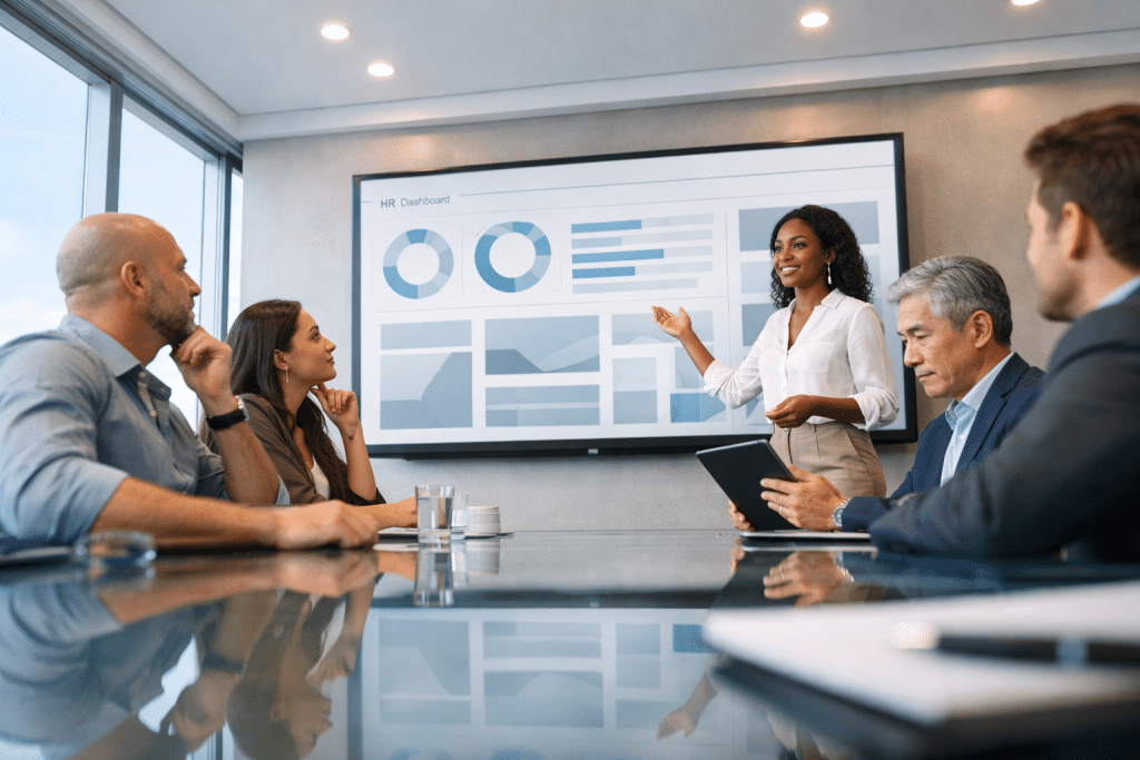An officer worker presents a Hubdrive dashboard to their co-workers in a conference room
