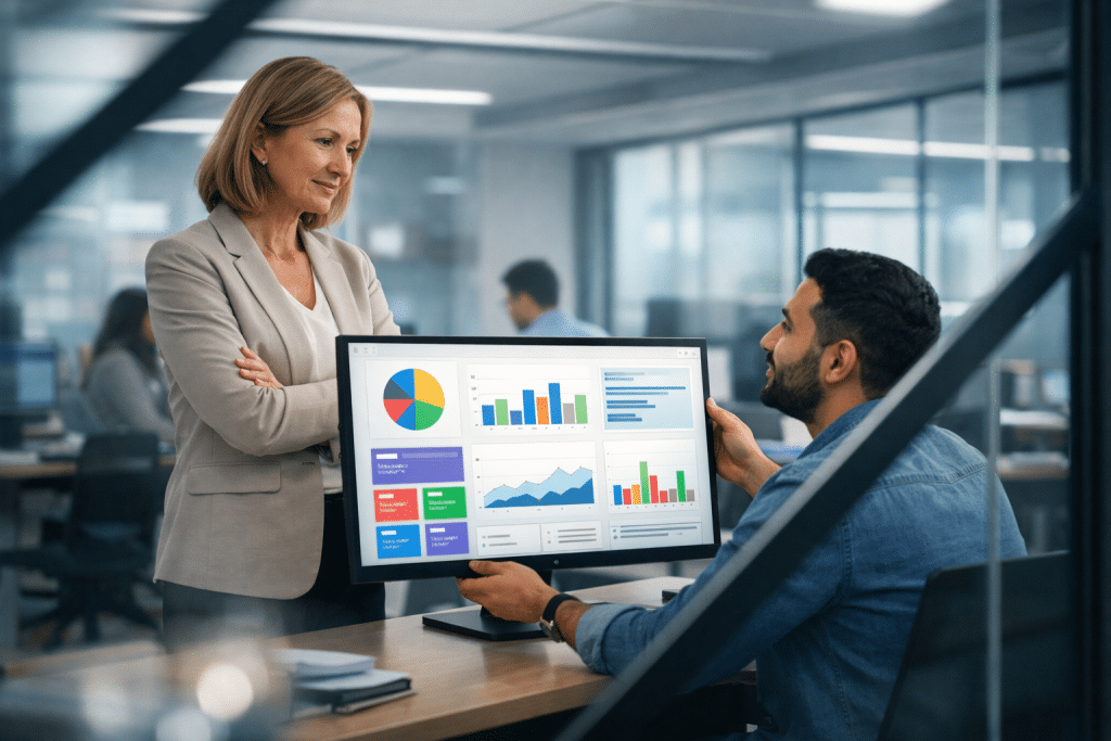 Two office workers discuss a Hubdrive dashboard