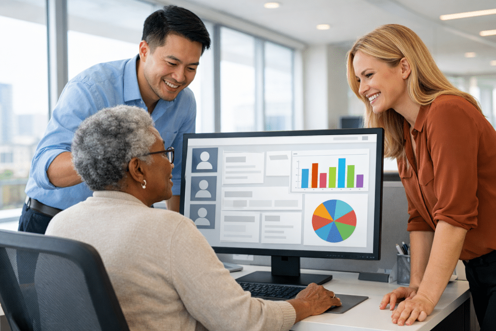 3 office workers are gathered around a computer, discussing a Hubdrive dashboard