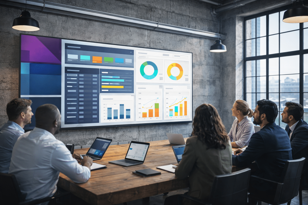 A group of office workers are seated around a table look at a HR for Industries Hubdrive Dashboard