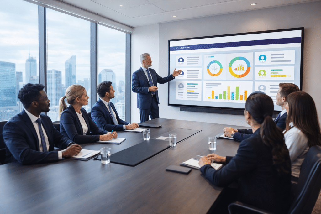 A team of co-workers are seated around a conference table watching a presentation on a Hubdrive for Professional Services dashboard