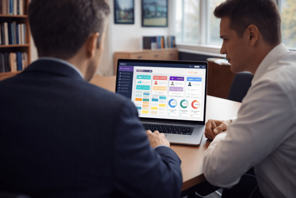Two co-workers sit at a desk in an educational setting, they are looking at a Hubdrive for Education dashboard