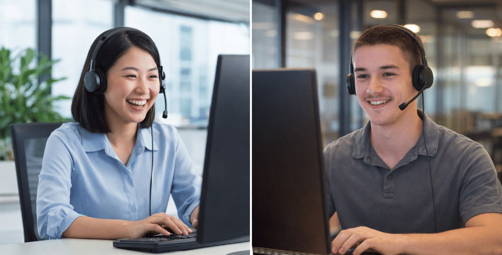 Two office workers laughing while talking through a video call. They are discussing a Hubdrive for Multi-site Organisations dashboard