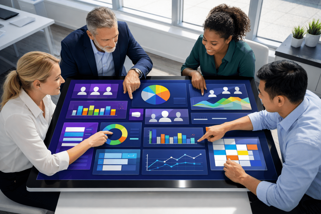 A group of office workers sit surrounding an interactive table screen. They are discussing the hubdrive modules available to them