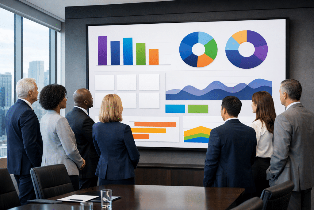 A team of office workers stand looking at a Hubdrive dashboard displaying a Power BI integration