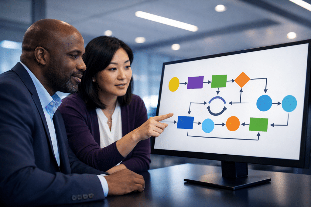 Two colleagues review a Power Automate flowchart diagram