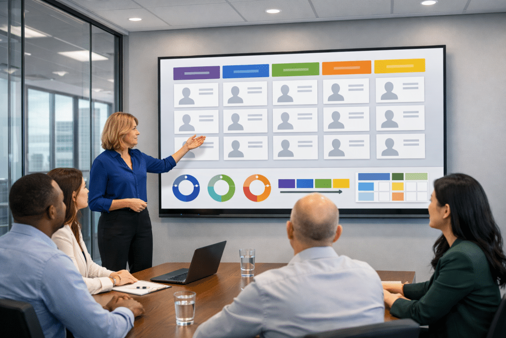 A recruitment HR worker displayes a series of candidate profiles to a boardroom, displaying the recruitment modules available for Hubdrive