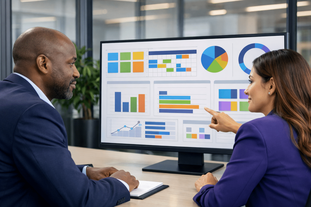 Two colleagues discuss the absence management features available in Hubdrive, on a computer monitor