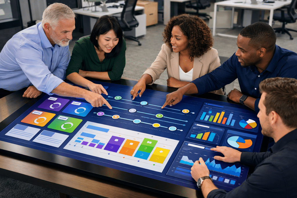 A group of colleagues gather around an interactive table discussing performance management