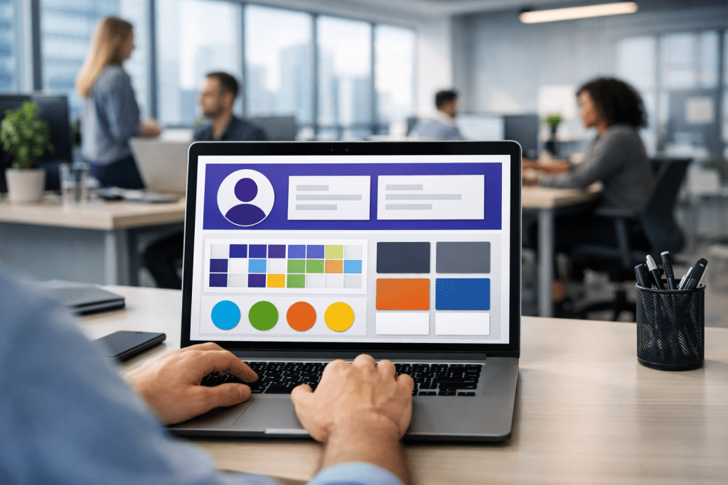 A man sits with his hands on the keyboard of his laptop browsing his employee page. Demonstrating employee self-service