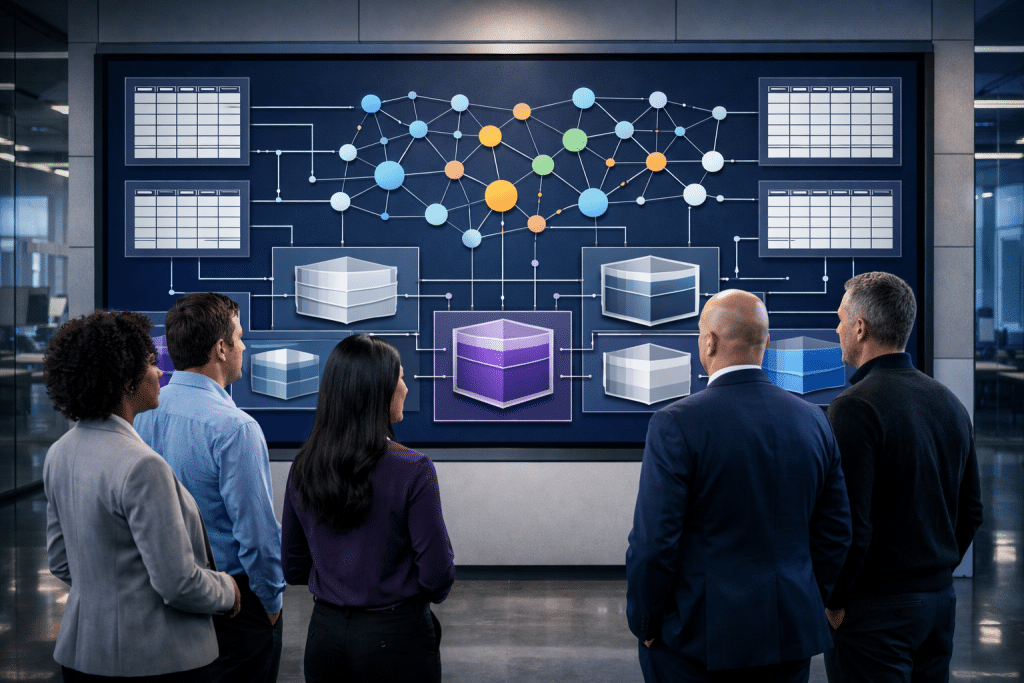 A group of professionals observing a simulated dataverse diagram