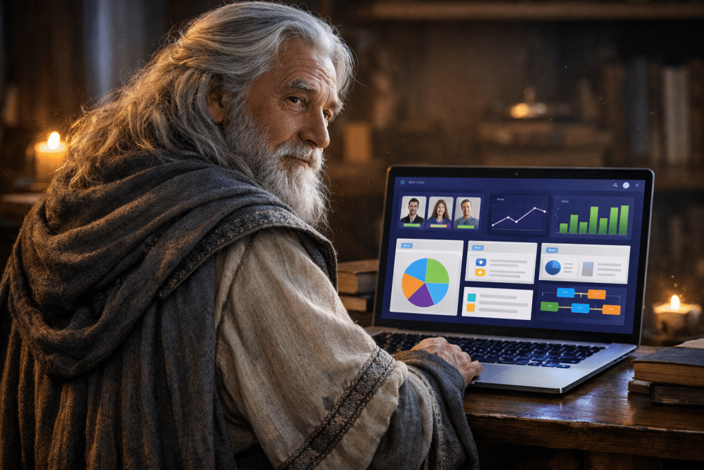 An old sage views a HR dashboard on a laptop on a wooden table