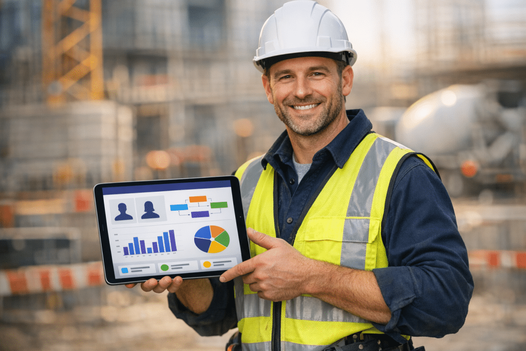 A construction site manager holds a tablet displaying a HR management programme such as HiBob or Dynamics Hub