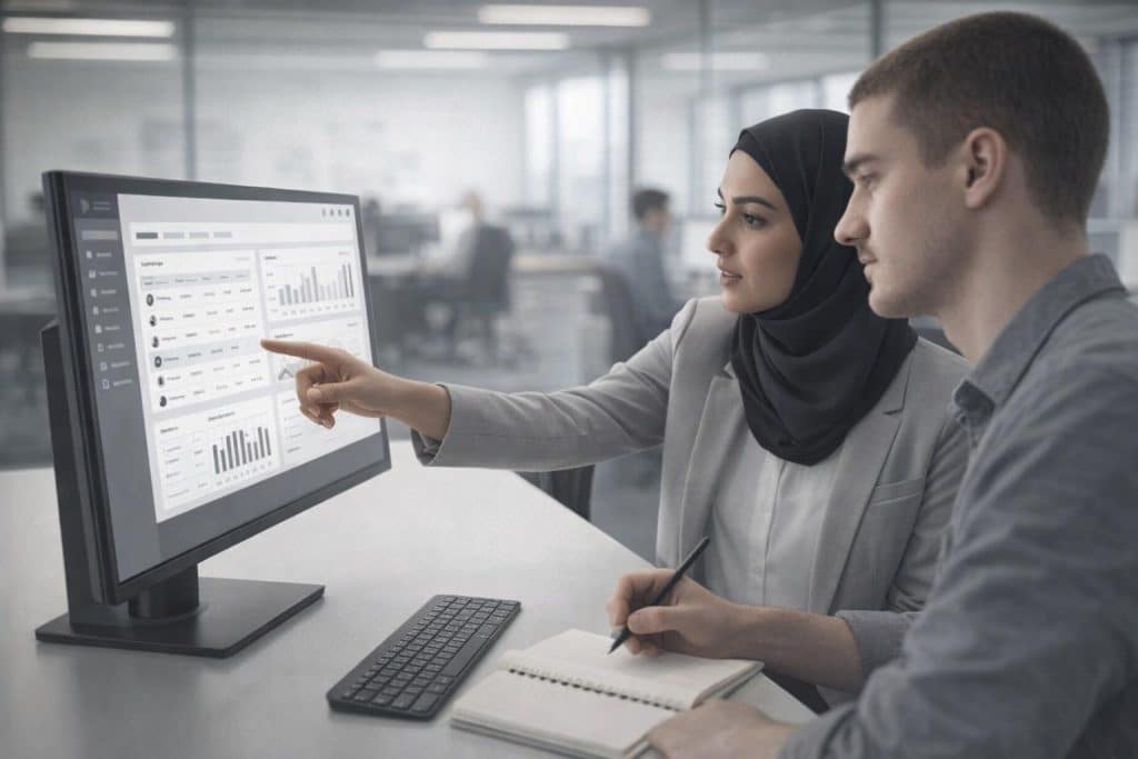 Two office workers sit at a desk comparing notes, and looking at a Hubdrive HR System