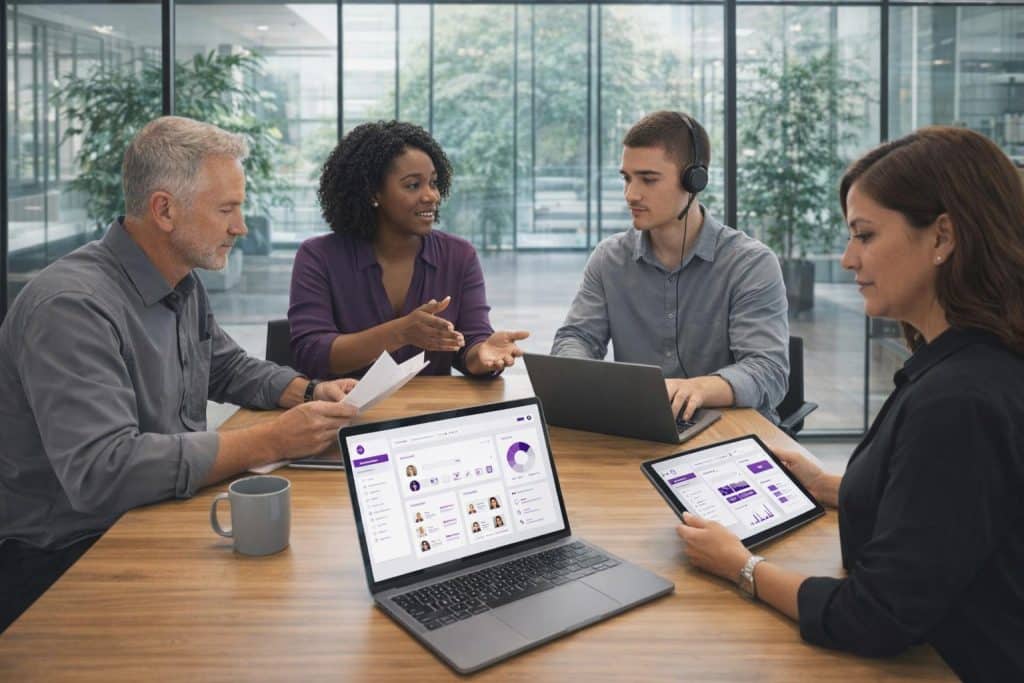 Four HR office workers sit around a desk discussing Hubdrive