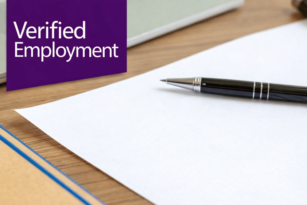 A document with a pen on a wooden desk, featuring a purple overlay with "Verified Employment".
