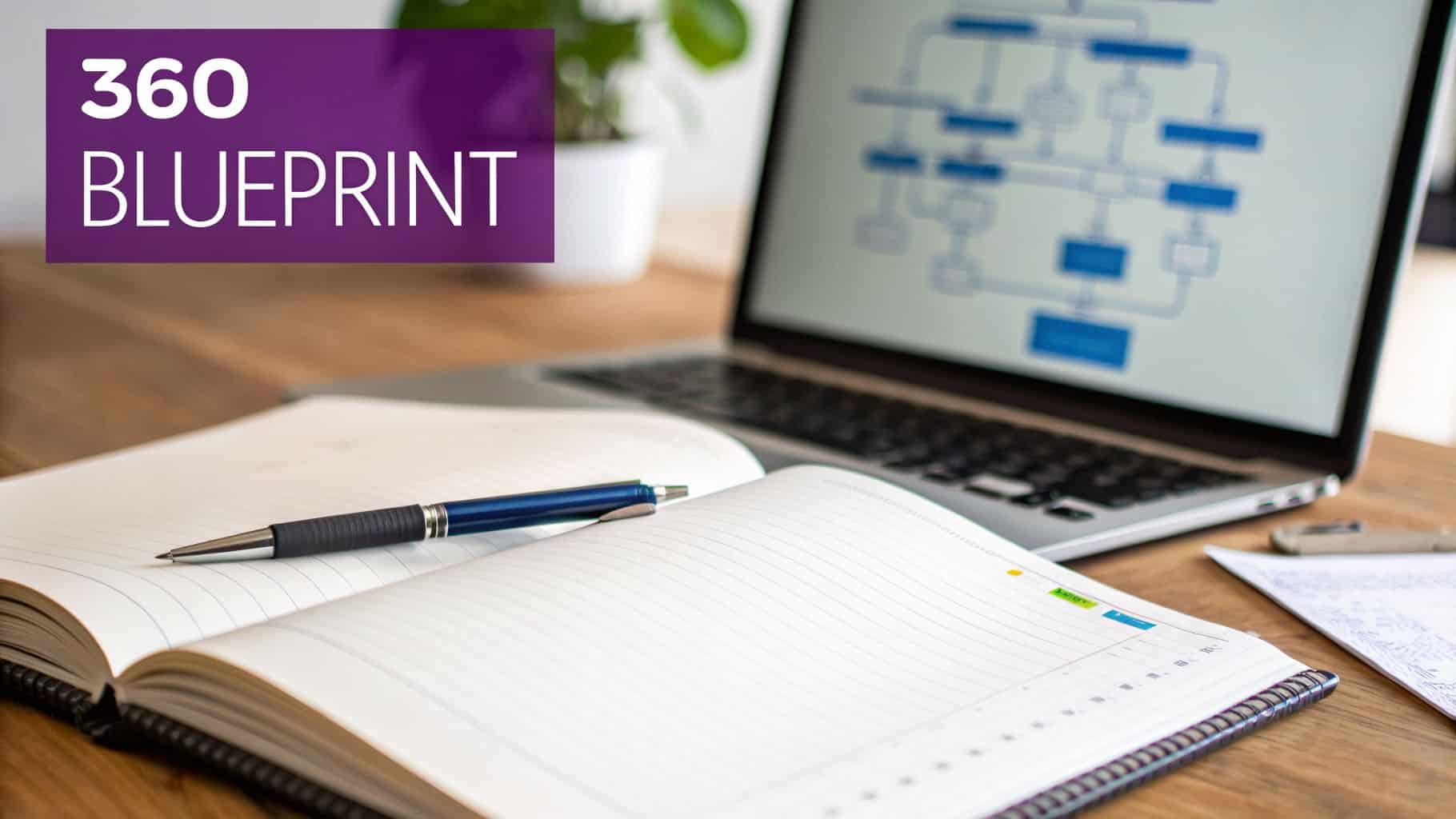 A desk setup with a laptop displaying a flowchart, an open notebook with a pen, and a '360 BLUEPRINT' text overlay.