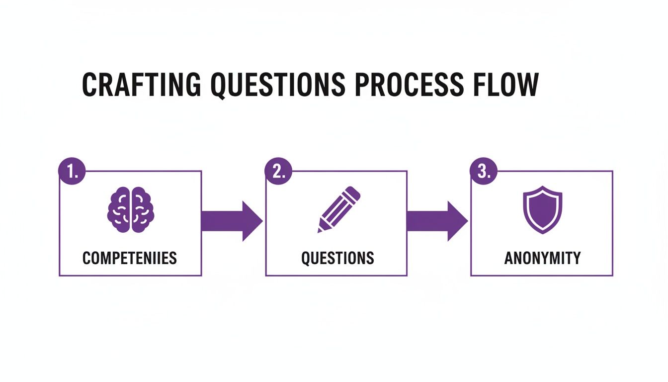 A three-step process flow diagram illustrating crafting questions from competencies to anonymity.