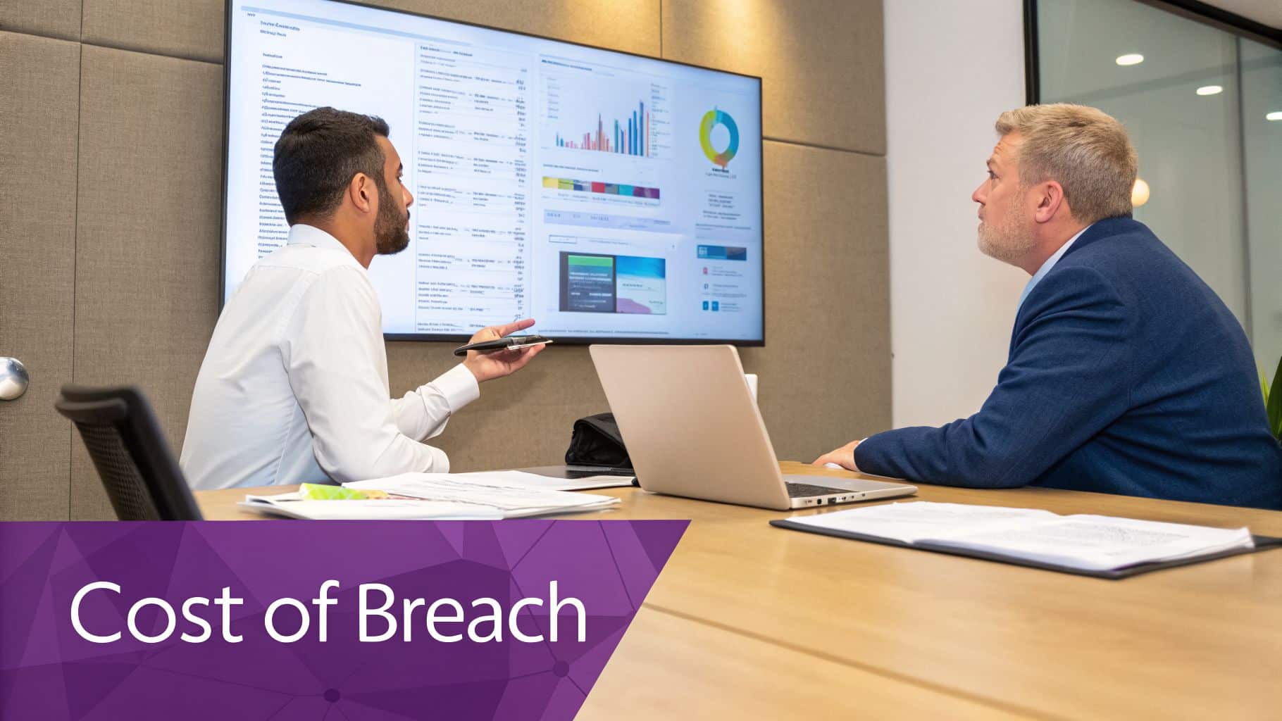 Professionals analyzing data on a screen, focusing on cost of breach in a business meeting.