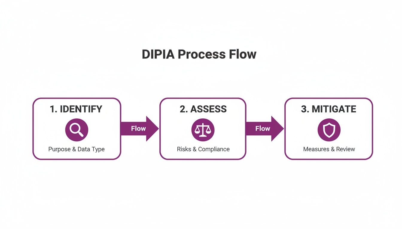 A clear diagram showing the DIPIA Process Flow, outlining steps to Identify, Assess, and Mitigate.