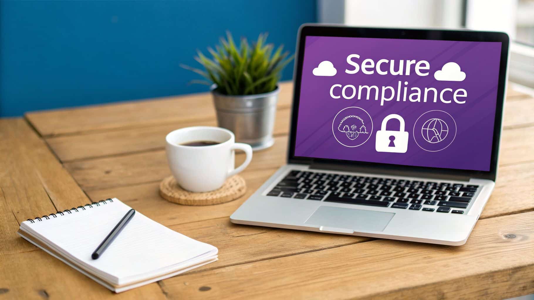 Laptop screen shows 'Secure compliance' with cloud, lock, and global icons on a wooden desk.