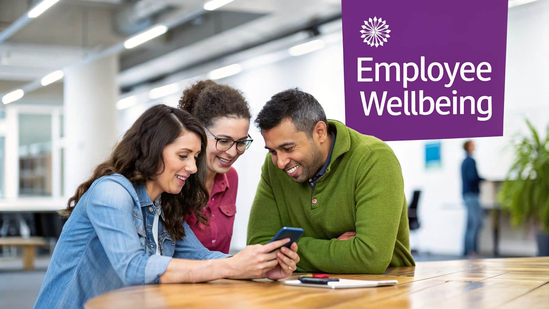 Three diverse colleagues smiling and engaging with a smartphone in an office, promoting employee wellbeing.