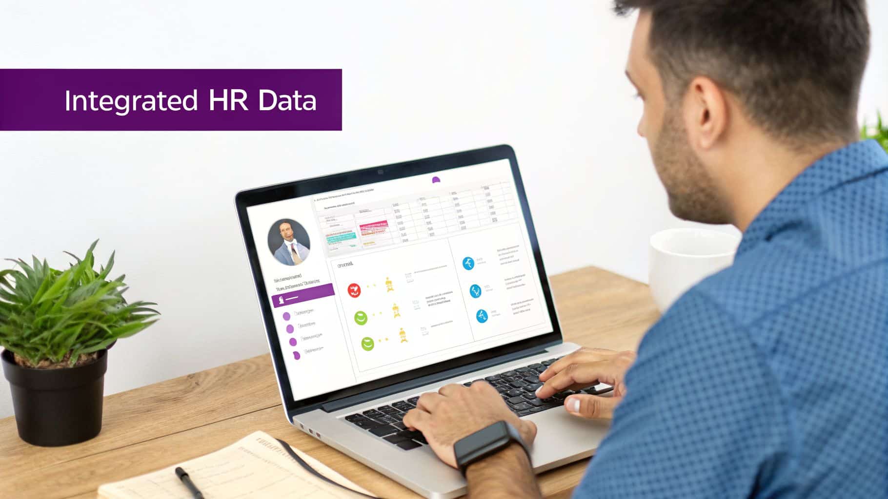 A man views integrated HR data on a laptop, displaying employee profiles and performance metrics.