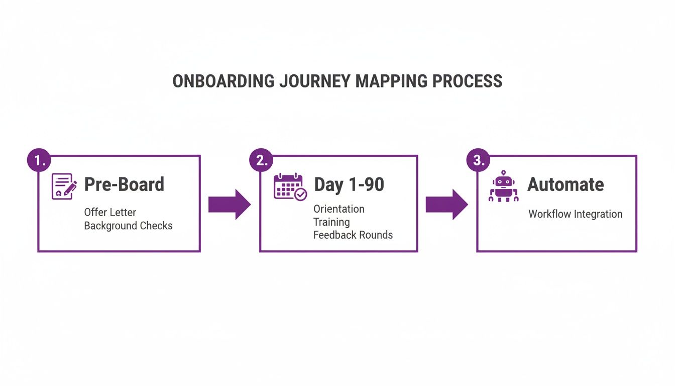 A three-step diagram illustrating the employee onboarding journey mapping process with pre-board, day 1-90, and automate phases.