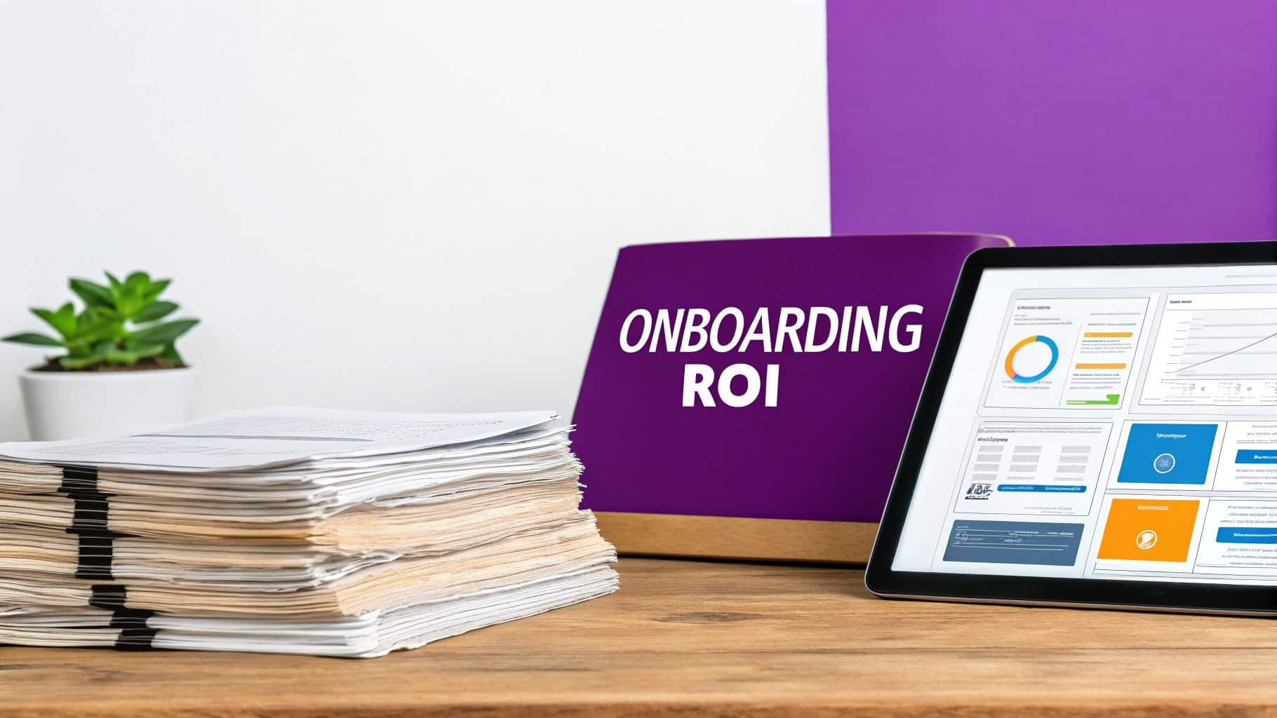 A desk with a stack of papers, a green plant, a purple folder labeled 'Onboarding ROI', and a tablet displaying analytics data.