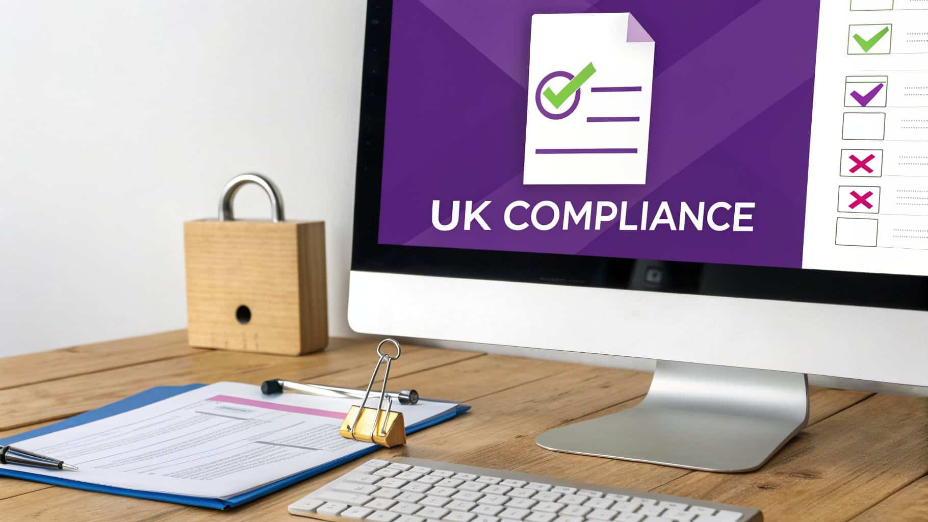A desk with a computer displaying UK Compliance checklist, a wooden padlock, and documents.