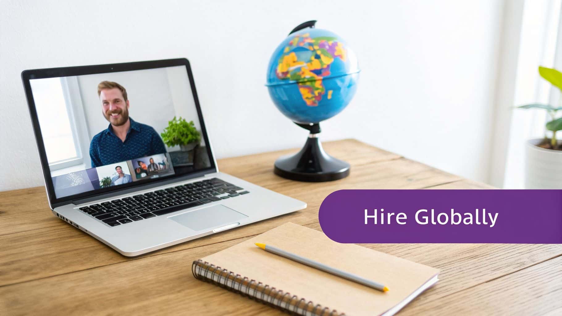 Laptop displaying a video call with a smiling man and multiple participants, next to a globe and notebook, promoting global hiring.