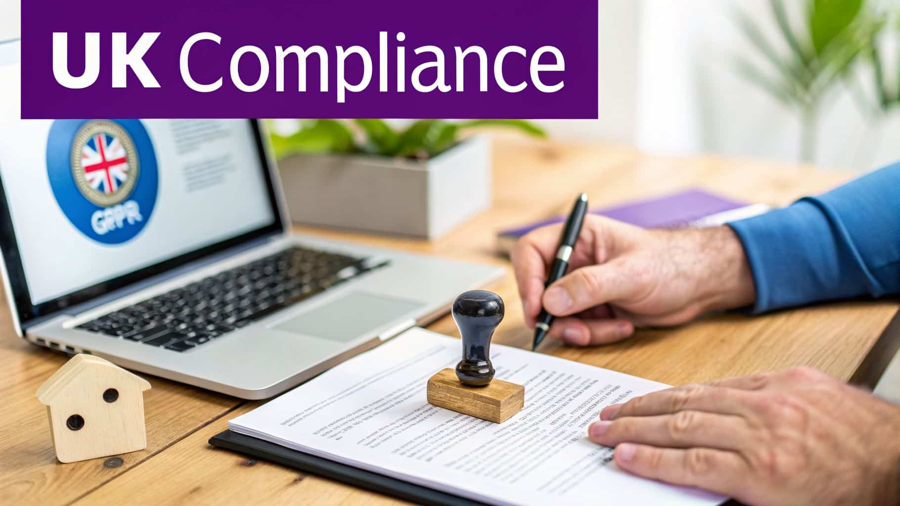 A person signs legal documents on a desk with a laptop showing UK GDPR compliance.