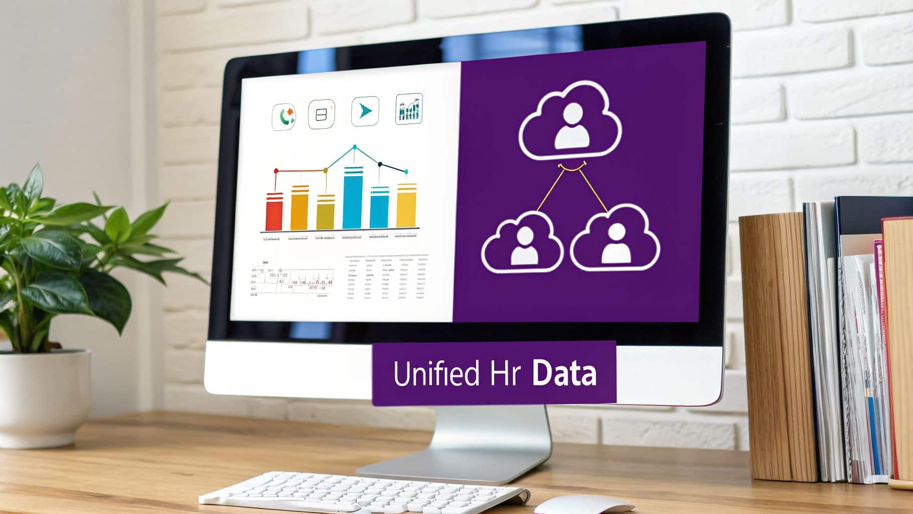 Computer monitor displaying an HR data dashboard with charts and connected cloud icons, labeled 'Unified Hr Data'.