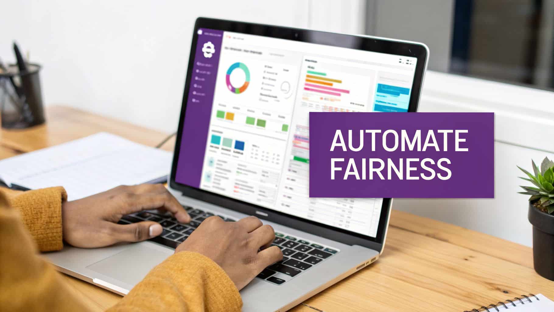 Hands typing on a laptop displaying data dashboards and charts with 'Automate Fairness' text.