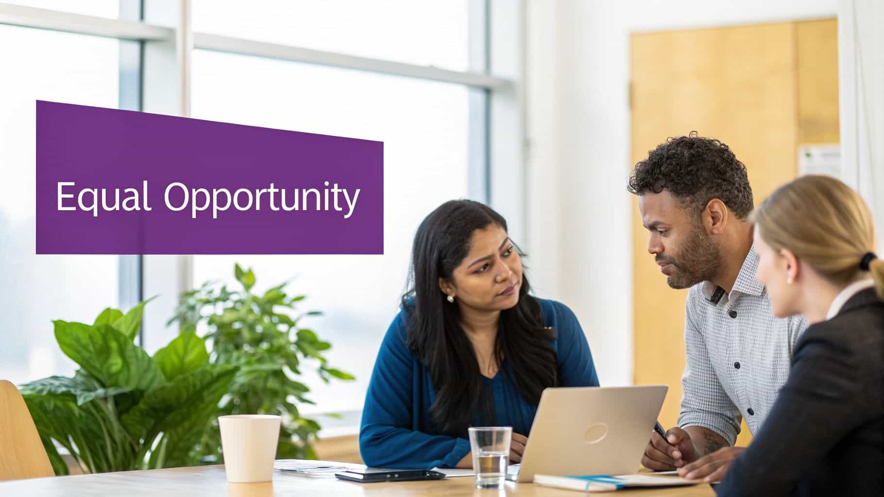 Three diverse professionals collaborate in an office, with an 'Equal Opportunity' banner visible.