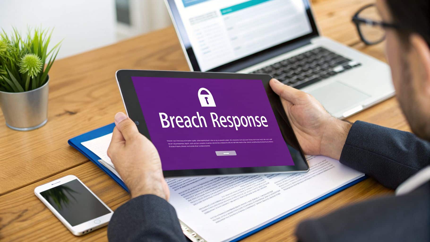 A person holds a tablet displaying 'Breach Response' with a lock icon, highlighting cybersecurity.