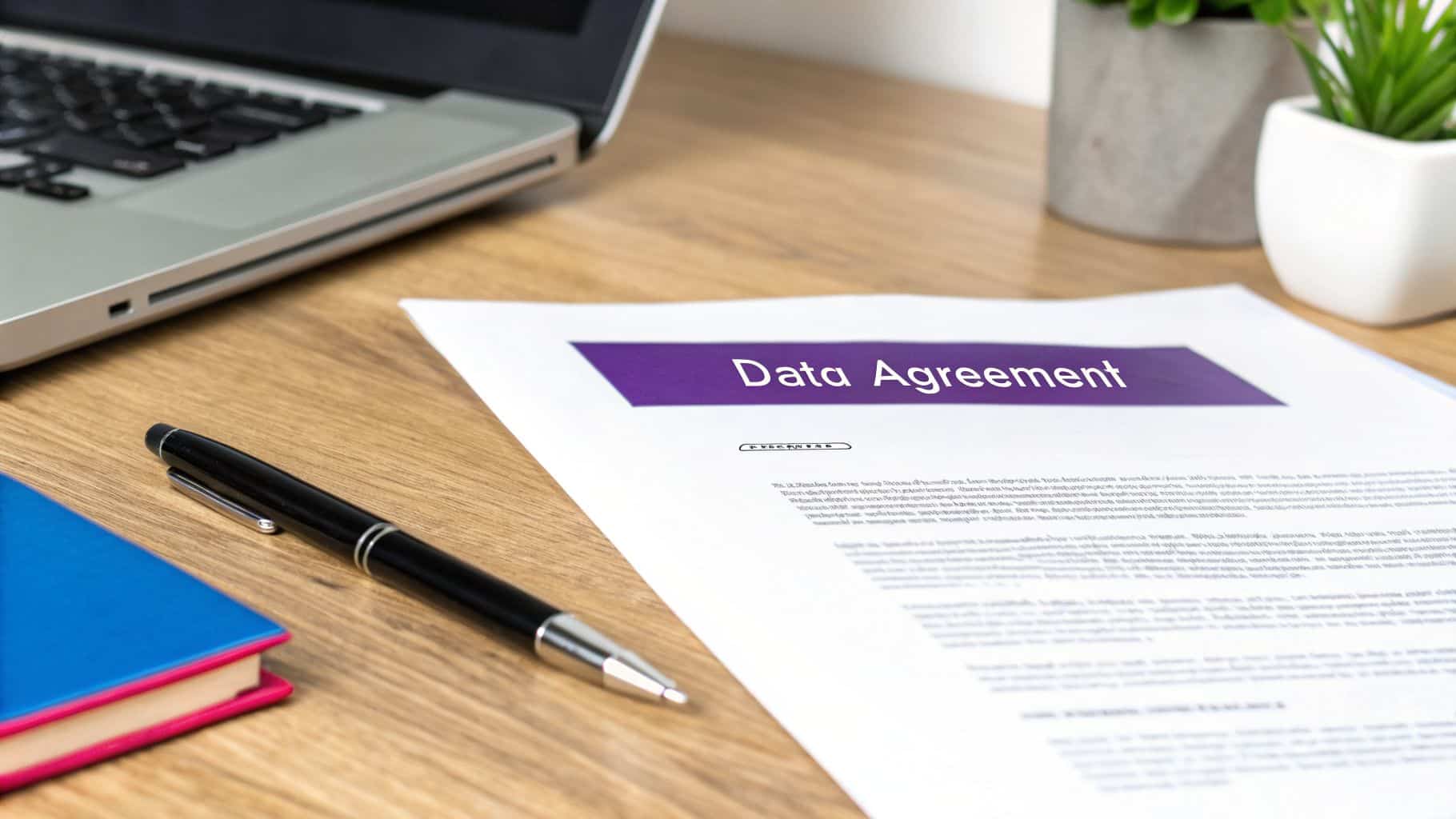 A 'Data Agreement' document lays on a wooden desk, surrounded by a laptop, pen, and plants.