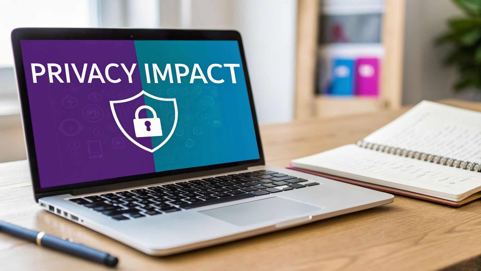 Laptop screen showing 'Privacy Impact' with a shield and lock icon on a wooden desk.