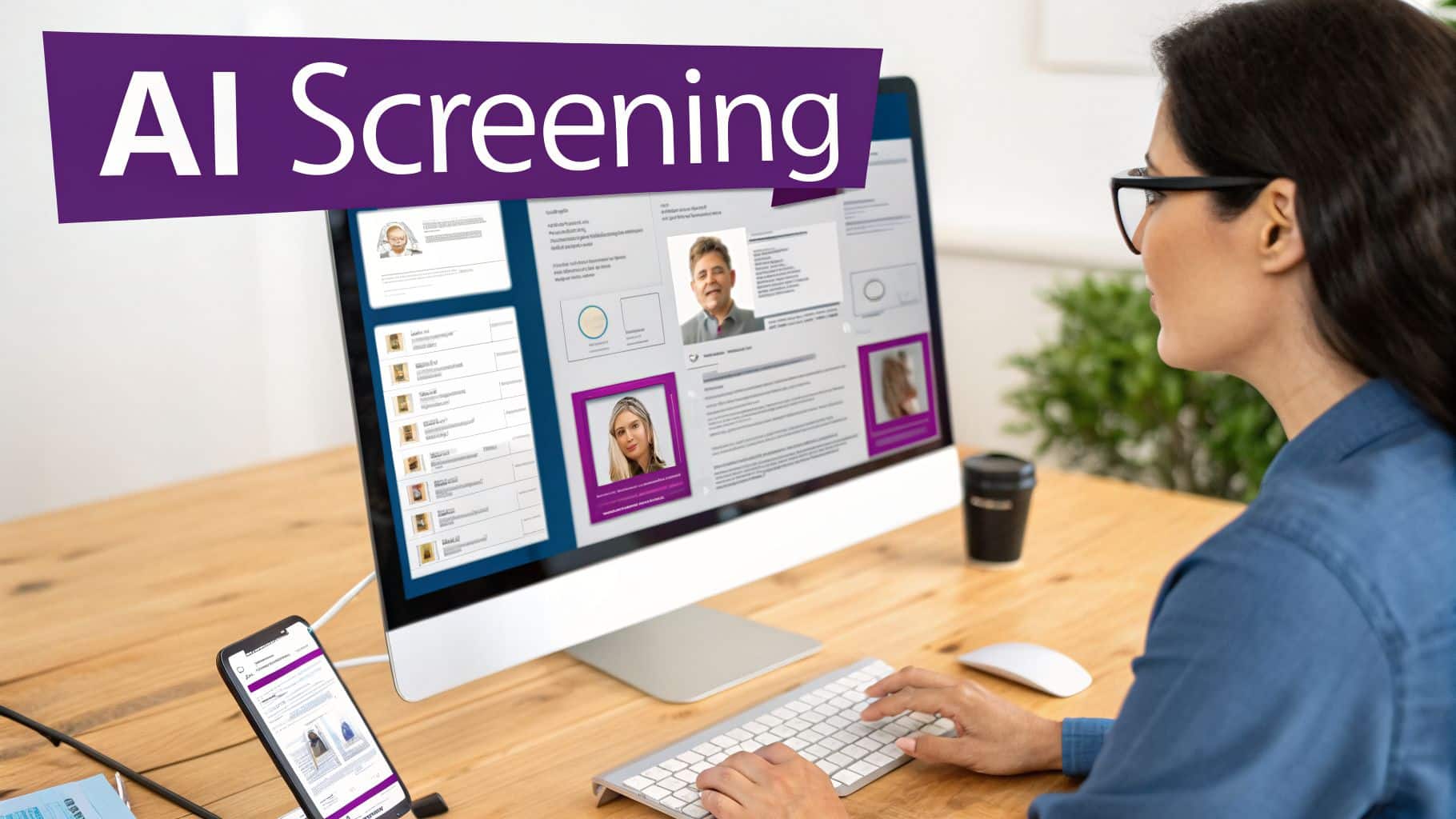 A woman uses a computer showing an AI screening interface for job candidates, with a phone nearby.