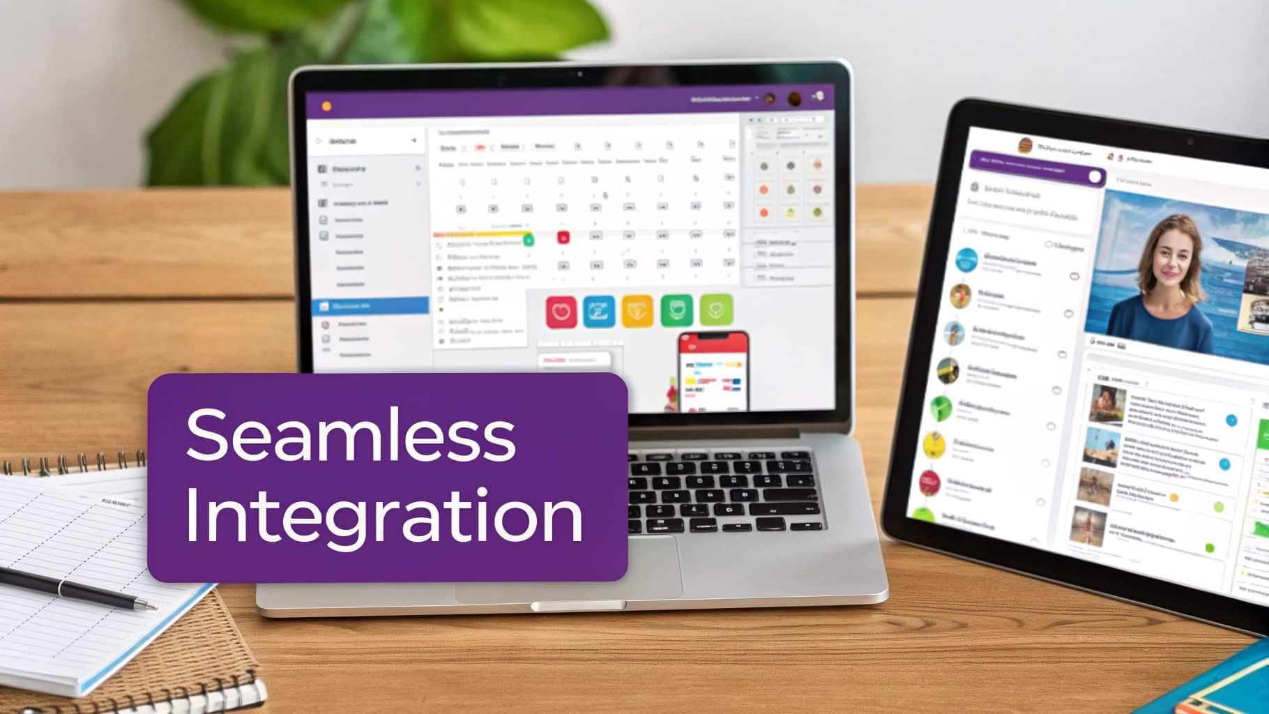 A laptop and tablet displaying software interfaces on a wooden desk with a 'Seamless Integration' text.