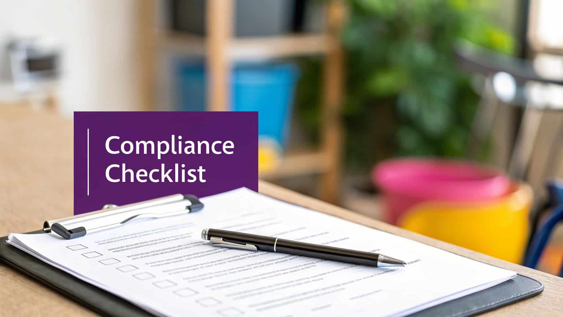 A pen rests on a document with checkboxes and the title "Compliance Checklist" on a wooden desk.