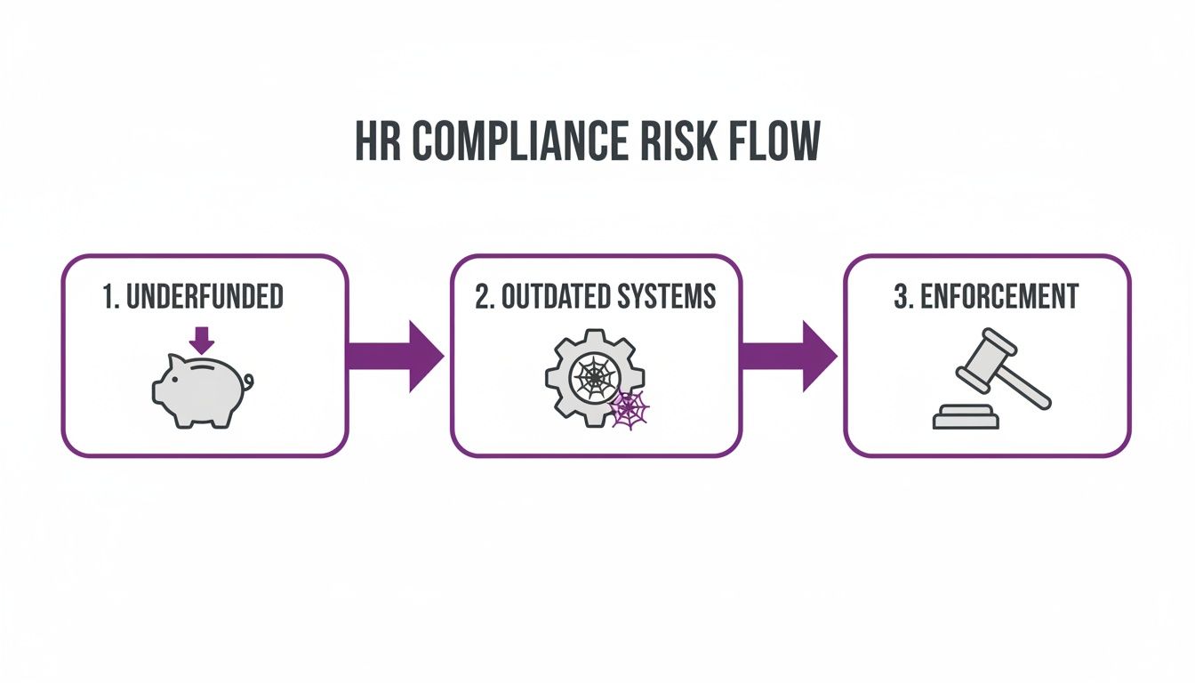 Flowchart illustrating HR compliance risk: underfunded departments lead to outdated systems, resulting in enforcement.