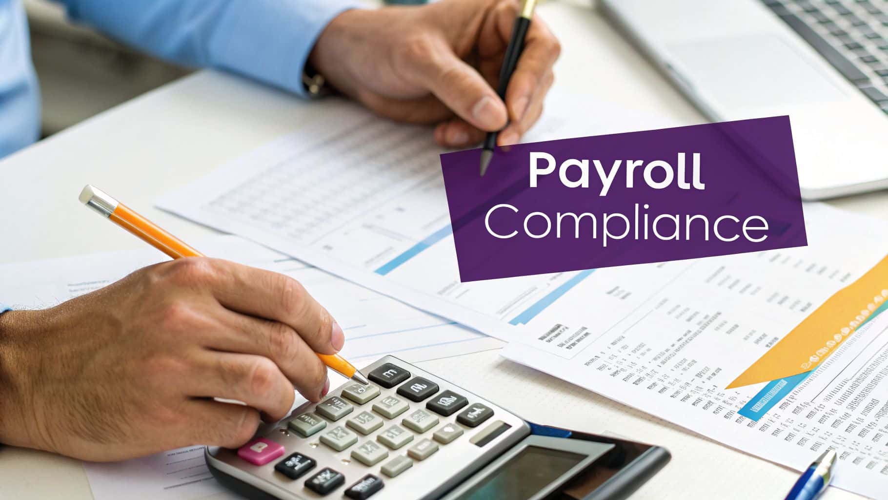 Hands working on documents and a calculator with a prominent 'Payroll Compliance' text overlay.