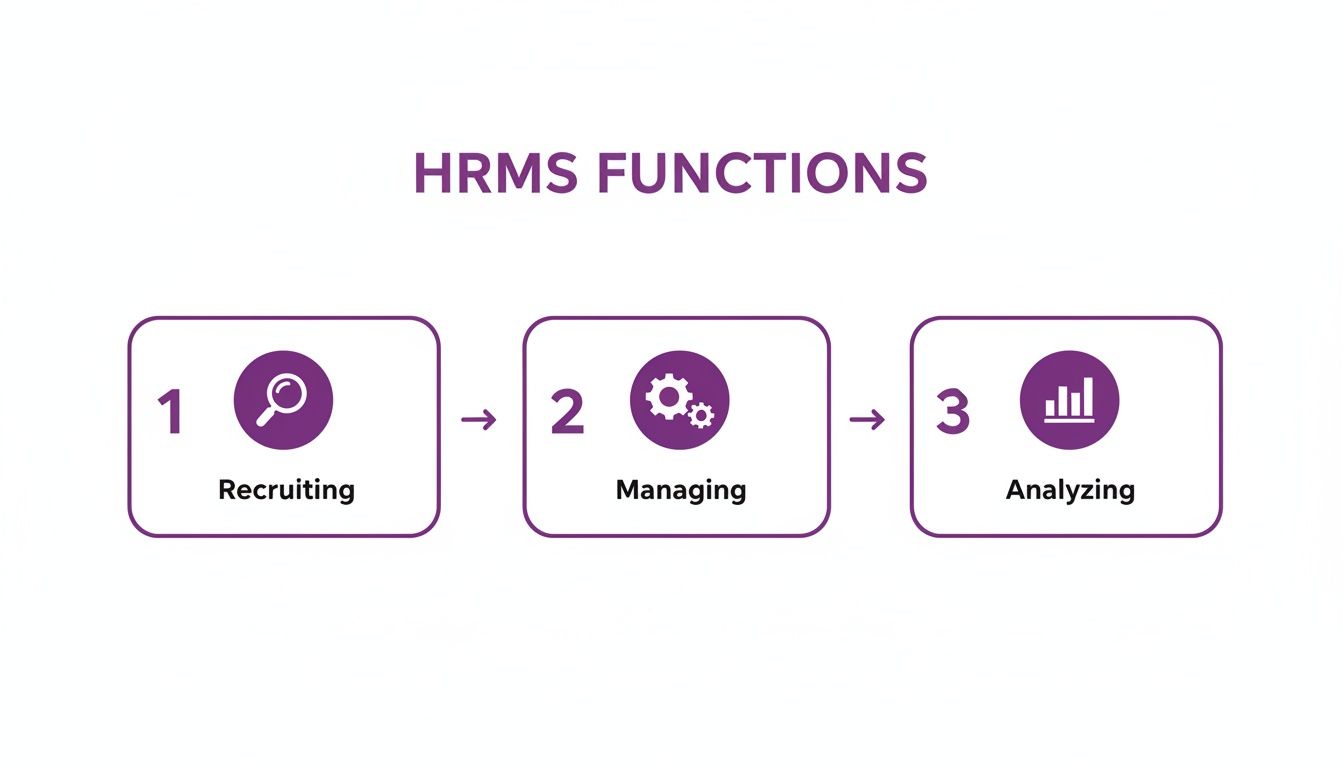 Diagram showing three core HRMS functions: Recruiting, Managing, and Analysing with respective icons.