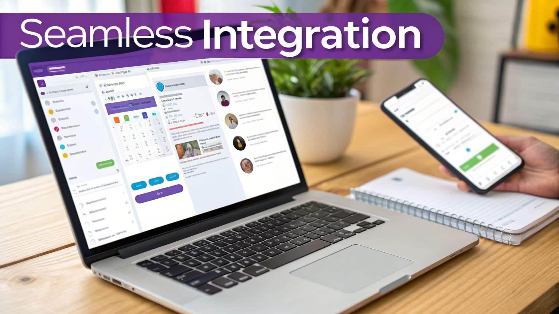 Laptop and smartphone showing interconnected software applications on a wooden desk, symbolising seamless integration.