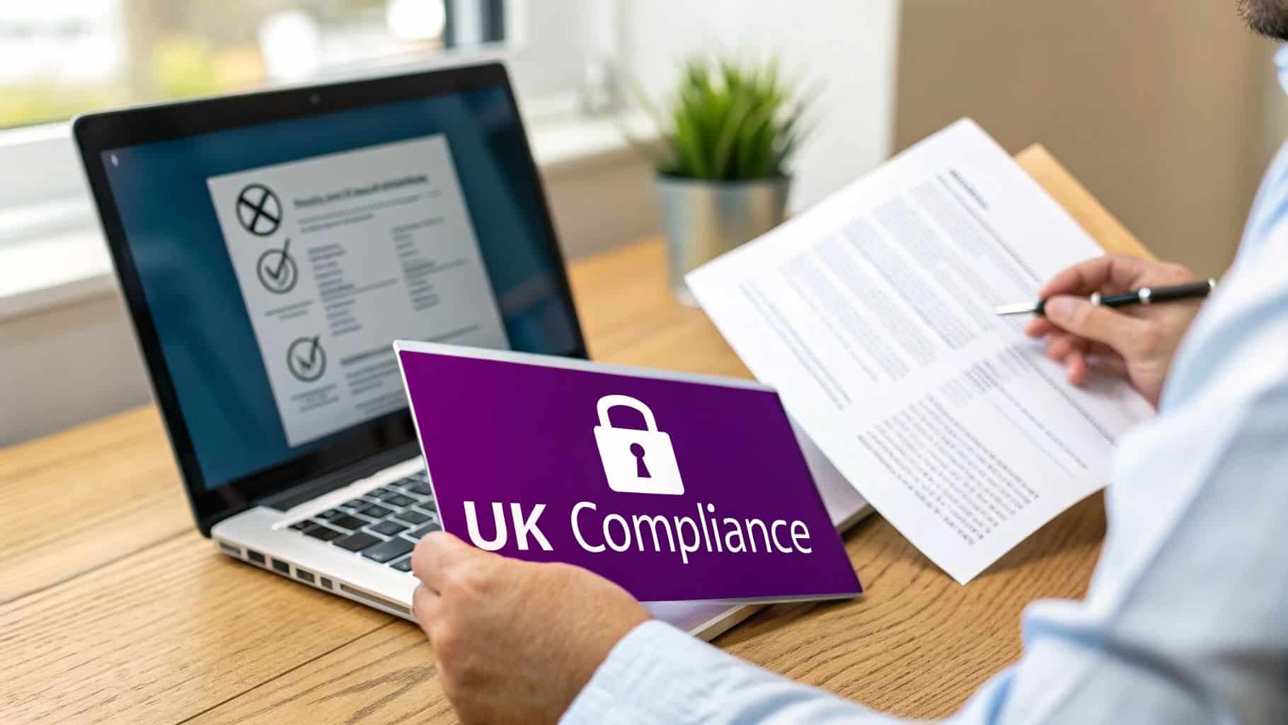 A person reviewing UK compliance documents and a laptop displaying a checklist for tasks.