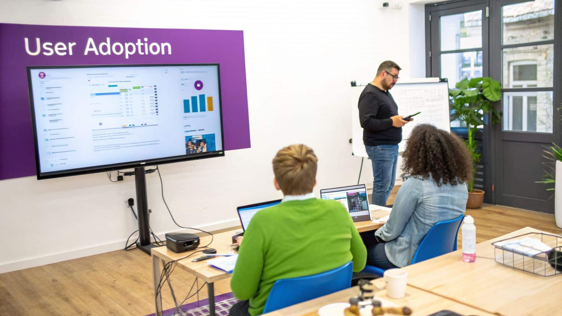 A business presentation in a modern office with a large screen displaying 'User Adoption' and data.