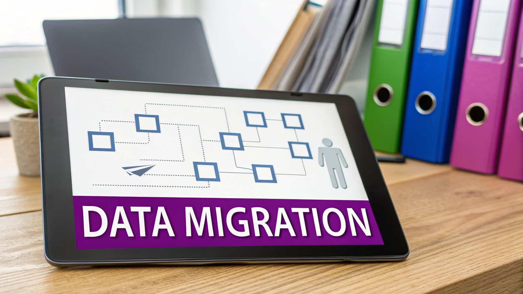 A tablet on a wooden desk displays a 'DATA MIGRATION' concept with a flowchart.